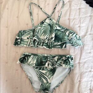Janie and Jack Green and White Palm Print Bikini